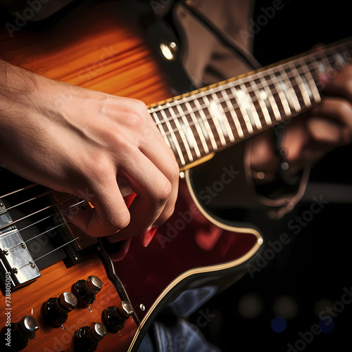 A close-up of a guitar player's fingers on the fretboard.
