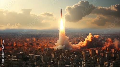 a rocket taking off from a city