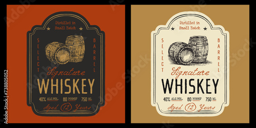Whiskey label design, vintage retro style with barrel illustration