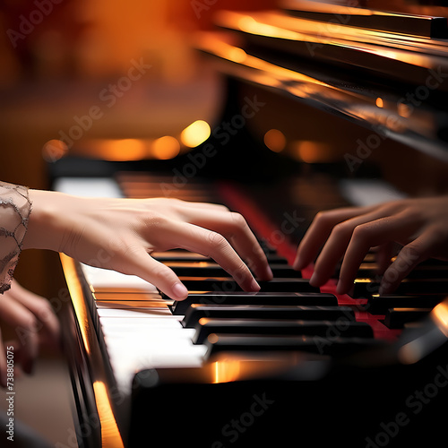 A close-up of a pianists hands playing the piano.