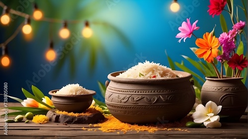 Happy Pongola Celebration Background with flowers and a traditional rice dish in a mud pot, India's Pongola Harvest Festival, a cultural festival attended by Tamil people photo