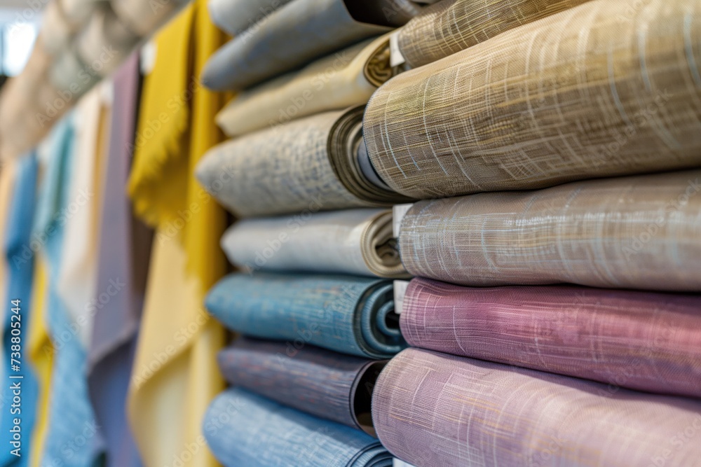 A selection of fabric rolls neatly arranged, showcasing a variety of textures and hues, from subtle earth tones to vibrant blues, ideal for crafting and design
