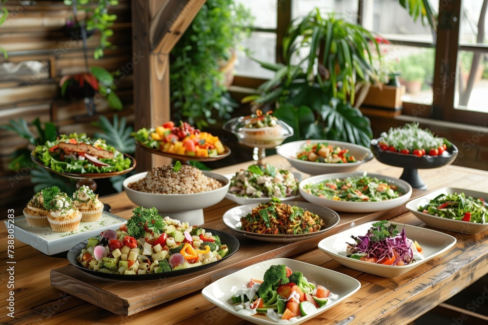 vegetarian Asian dishes, rich in color and variety, presented on a wooden table, showcasing the fresh, plant-based ingredients and flavorful herbs used in traditional Asian cooking