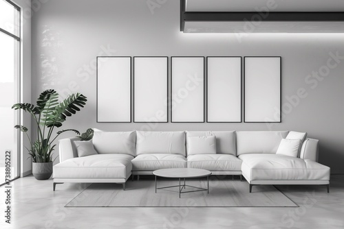 A modern, airy living room features a large, inviting white sectional sofa, complemented by a quintet of blank frames on the wall, ready for artistic expression, alongside a lush indoor plant