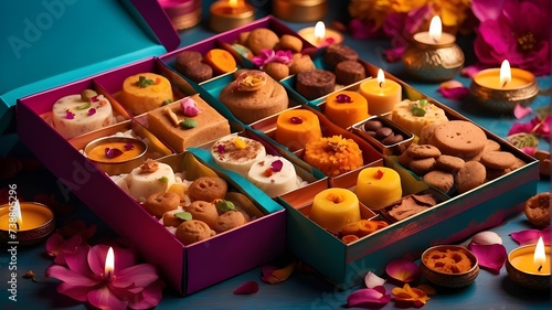 Indian sweets are found in Diwali boxes. Gift box of mixed Diwali sweets. Diwali Deepavali celebrations with lights, candles, flowers, and vibrant, traditional foods and sweets in boxes
