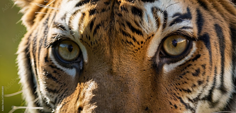 Tiger face close-up, natural habitat, daylight. Detailed fur patterns, intense eyes visible, wildlife beauty