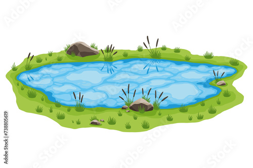 Fototapeta Naklejka Na Ścianę i Meble -  Picturesque natural pond. Concept of open small swamp lake. Water pond with reeds and stone. Natural countryside landscape. Multicolour game scene