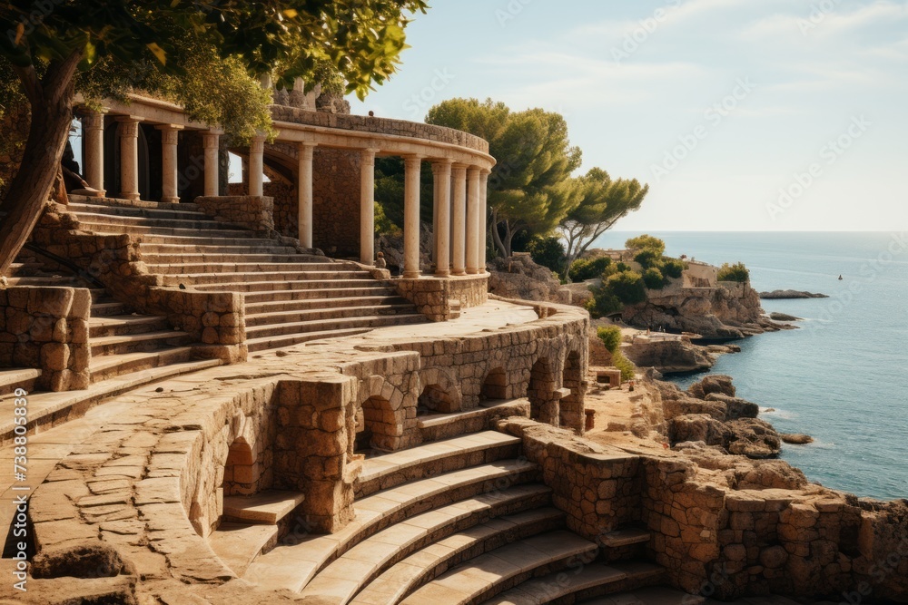 A stone amphitheater perched on a cliff with a view of the ocean