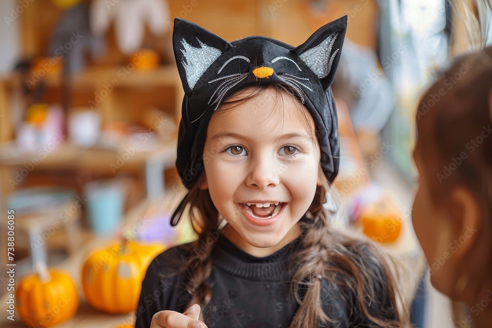 A joyful girl with a human face smiles indoors, her cat hat adding a playful touch to the fall atmosphere filled with pumpkins, squash, and cucurbita A joyful girl with a human face smiles indoors, her cat hat adding a playful touch to the fall atmosphere filled with pumpkins, squash, and cucurbita