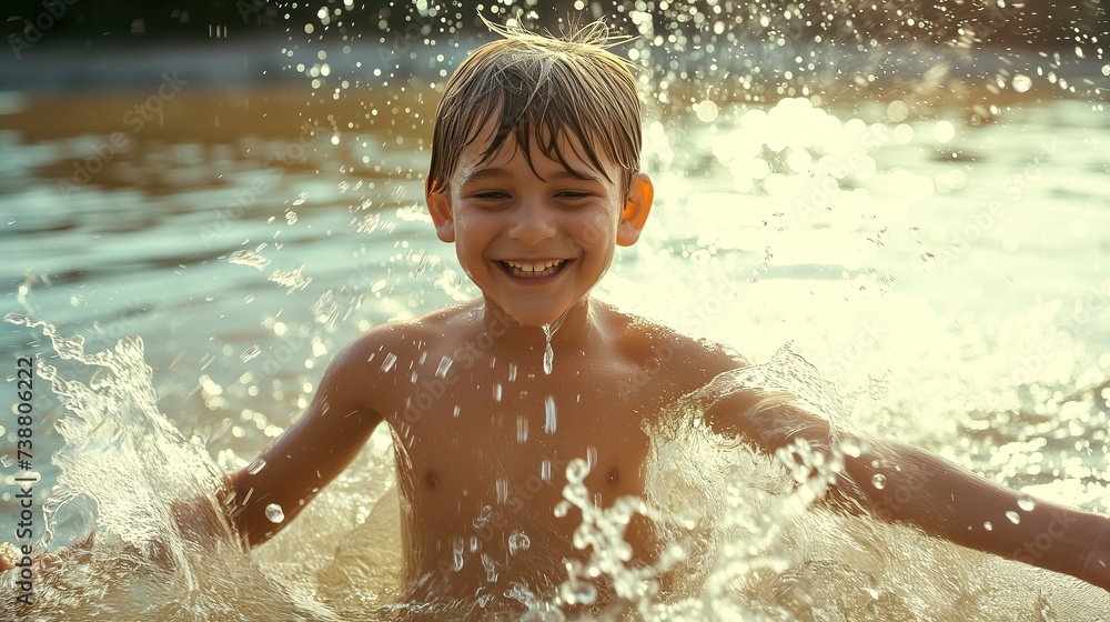 happy kid swimming and bathing in lake or river in summer at sunset, joyful child splashing water happy kid swimming and bathing in lake or river in summer at sunset, joyful child splashing water