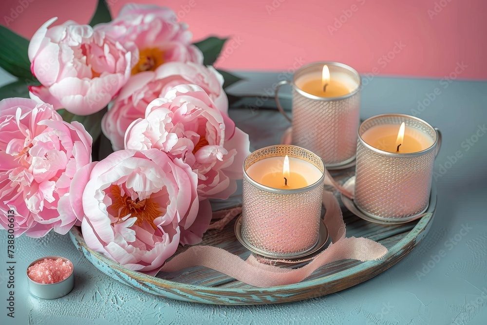 A beautiful centerpiece of pink flowers and flickering candles adorn a porcelain tray, creating a romantic and serene still life on an indoor table