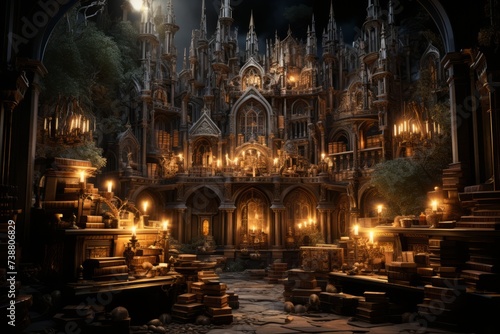 A building with medieval architecture, filled with books, candles, and darkness