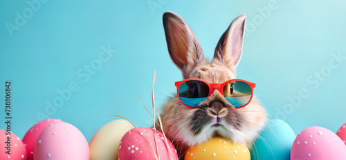 Creative Easter concept. Cute brown fluffy rabbit bunny wearing red sunglass shades lying among pastels hand painted eggs on blue background. Template for product presentation. copy text space