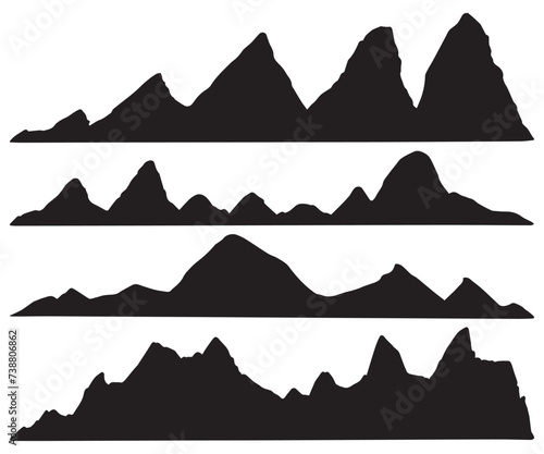 Set of black and white mountain silhouettes landscape wallpaper background. Rocky Peaks logo hand drawn mountains icon collection. Vintage sketch sunset mountains range various shapes vector  design