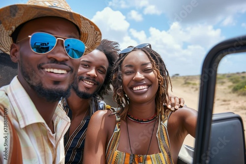 A group of fashionable individuals beam with joy as they capture their sunny summer adventures in a selfie, donning stylish hats, sunglasses, and goggles against a backdrop of clear blue skies and fl photo