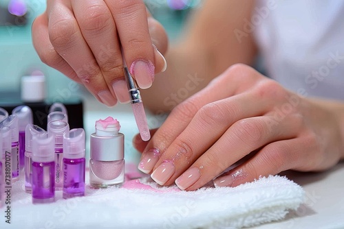 A woman carefully applies pink nail polish to her fingernails indoors  using a brush to enhance her cosmetic look and elevate her nail care routine