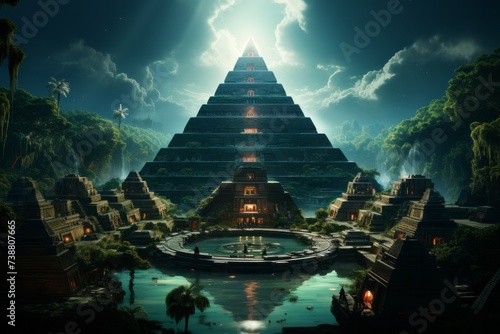 a large pyramid is surrounded by trees and a body of water