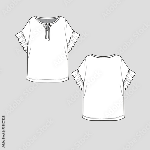 Notch knotted neck Kimono Ruffles Sleeve top knot neck ruffle hem Fashion flat sketch template design drawing vector