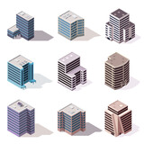 Collection isometric offices or business center icons. Town apartment building city map creation. Architectural 3d illustrations. Infographic elements. City house compositions