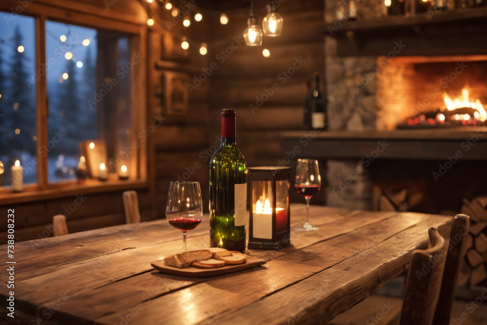 Wine bottle and glass with toasts and candle on wooden table in rustic ...