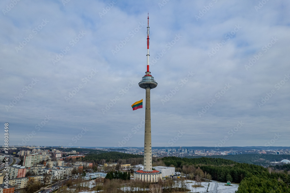 Aerial winter view of huge Lithuanian flag, Independence Day, Vilnius TV Tower, Lithuania Aerial winter view of huge Lithuanian flag, Independence Day, Vilnius TV Tower, Lithuania