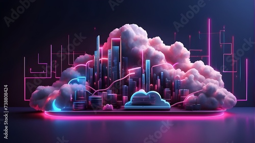 Concept of cloud data base technology with neon structures that flash pink and blue on a dark banner, Cloud-based computing Concept for Data Base Technology using bright neon structures on a black , 