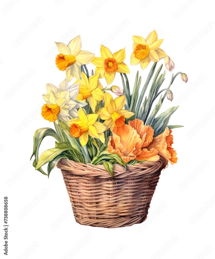Watercolor illustration of a bouquet of daffodil flowers in wicker basket isolated on white background.