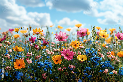 Flowers background, spring summer meadow. Natural colorful panoramic landscape with many wild flowers. 
