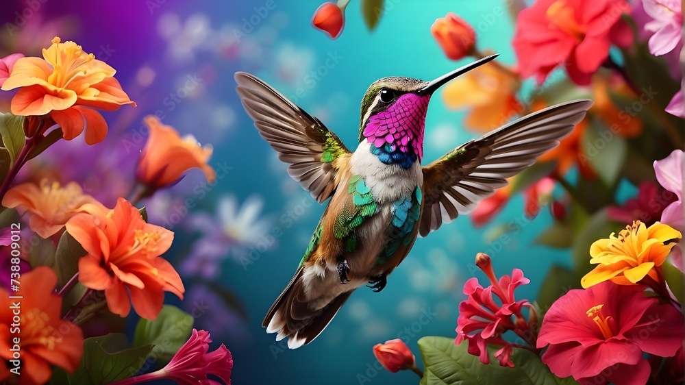 Hummingbird soaring to collect nectar from exquisite blossom. Digital art Hummingbird soaring to collect nectar from exquisite blossom. Digital art
