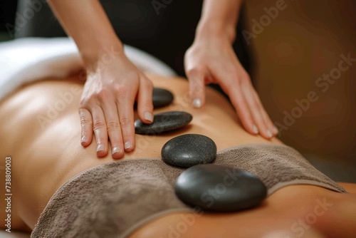 A serene person receiving a soothing hot stone massage indoors  as the warm stones melt away tension and soothe their tired muscles while their nails and veins relax  bringing pure bliss to their toe