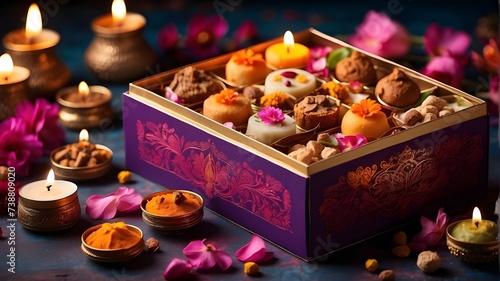 Indian sweets are found in Diwali boxes. Gift box of mixed Diwali sweets. Diwali Deepavali celebrations with lights, candles, flowers, and vibrant, traditional foods and sweets in boxes