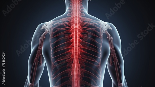 a back of a man with red highlighted spine