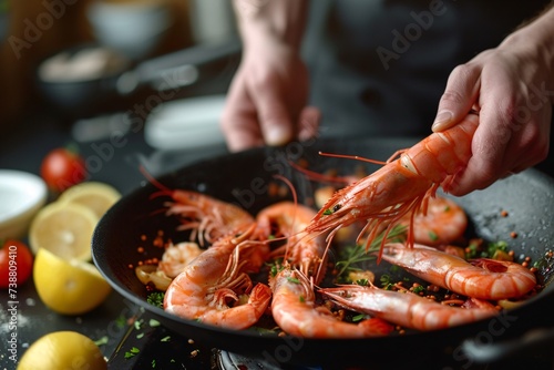 a person holding a shrimp in a pan