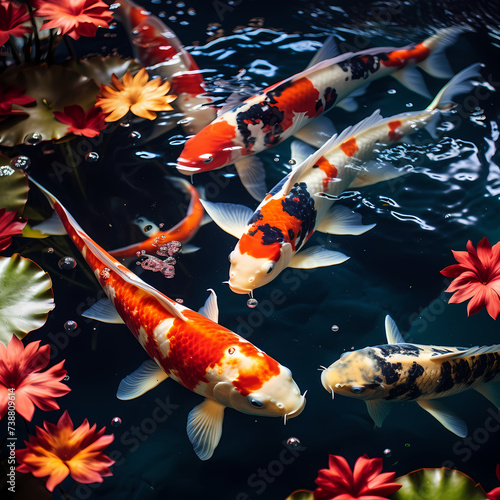 Colorful koi fish swimming in a pond.