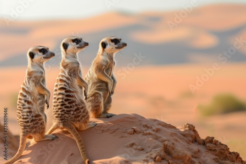 Meerkat Trio Surveying Desert Landscape, Wildlife Concept