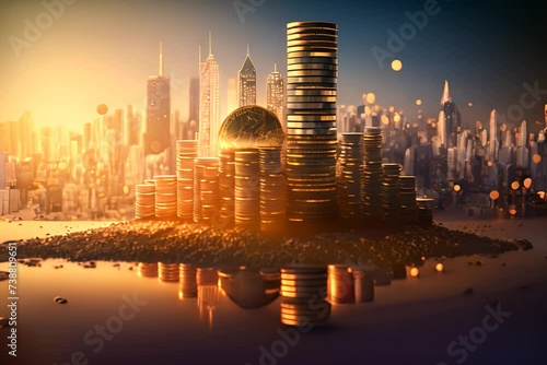 Financial investment concept, Double exposure of city night and stack of coins photo