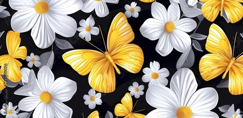 a yellow butterfly and white flowers
