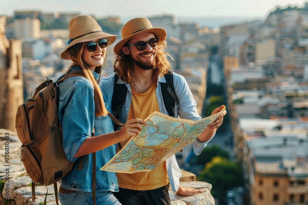A stylishly dressed couple plan their urban adventure, with the man's cowboy hat and the woman's sun hat shielding their faces from the bright city skyline