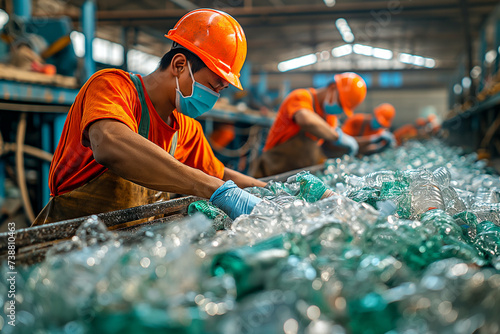 Group of men selecting plastic bottles at recycling factory photo