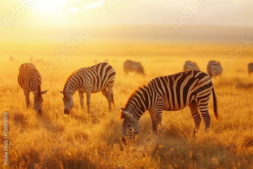 Zebras Grazing at Sunset on African Savanna © Skyfe