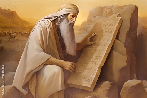 Moses holds a stone tablet with the 10 commandments received from God. Oil painting photo