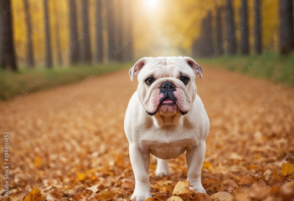The bulldog dog in autumn park