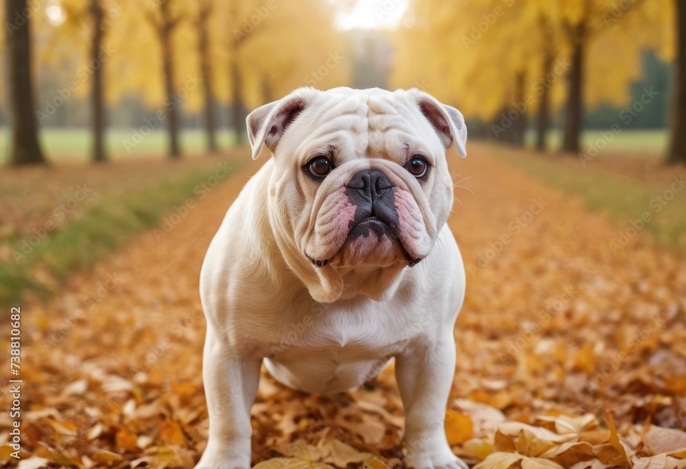 The bulldog dog in autumn park The bulldog dog in autumn park