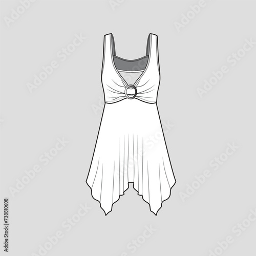Sleeveless Buckle Asymmetrical hem top Fashion flat sketch Template technical Drawing Cad mock up vector