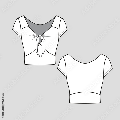 Tied Neck Crop top tie up Short Sleeve cropped Fashion cad  flat sketch drawing template design