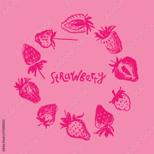 Strawberry wreath with berries drawings for juice label, cosmetics packaging design, healthy food banner template. Hand-drawn vector strawberries garland illustration. Red berry chaplet.