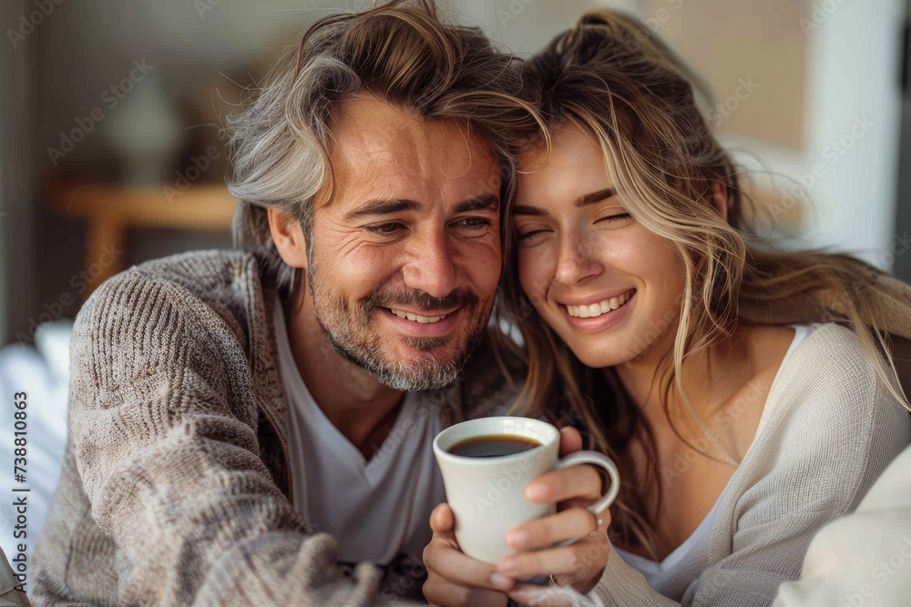A couple's morning ritual captured in a warm embrace, as they share a cup of coffee and bask in the simple joy of each other's company A couple's morning ritual captured in a warm embrace, as they share a cup of coffee and bask in the simple joy of each other's company