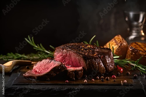 Grilled beef steak with rosemary and spices on a black background photo