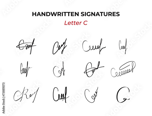 Handwritten Autographs Fictitious set with letter C. Fake hand drawn design. Personal contract signature scribble for business certificate or client. Vector doodle isolated illustration 1 of 26
