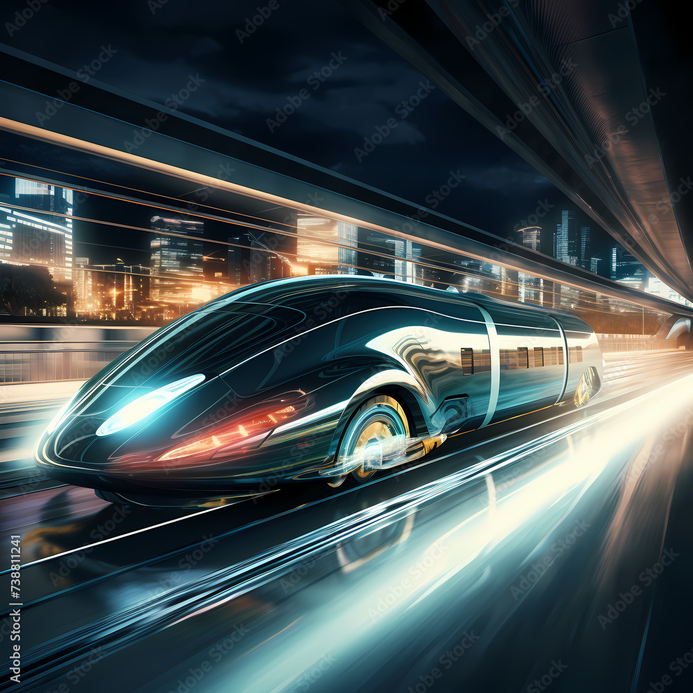 Futuristic train traveling at high speed.